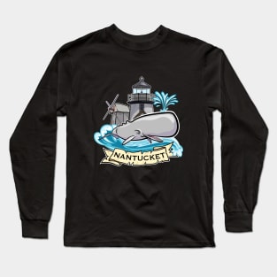 Nantucket Whale Lighthouse and Windmill Nautical Design Long Sleeve T-Shirt